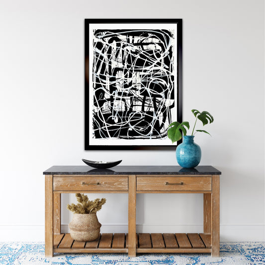 A Fine Mess (18x24) -Black and white abstract mixed media watercolor paper painting