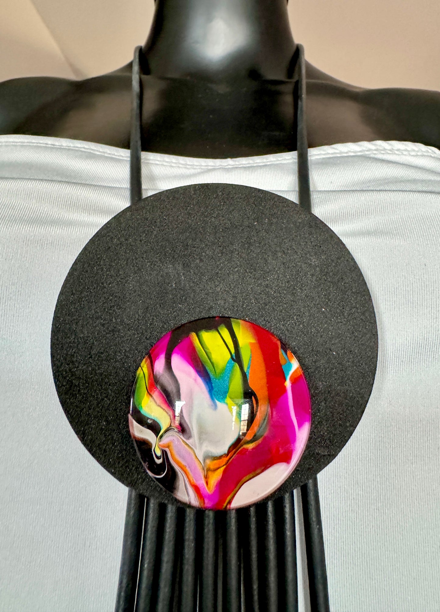 Gorgeous Handmade Avant-Garde 42” Statement Necklace With Hand-Painted Glass Bauble