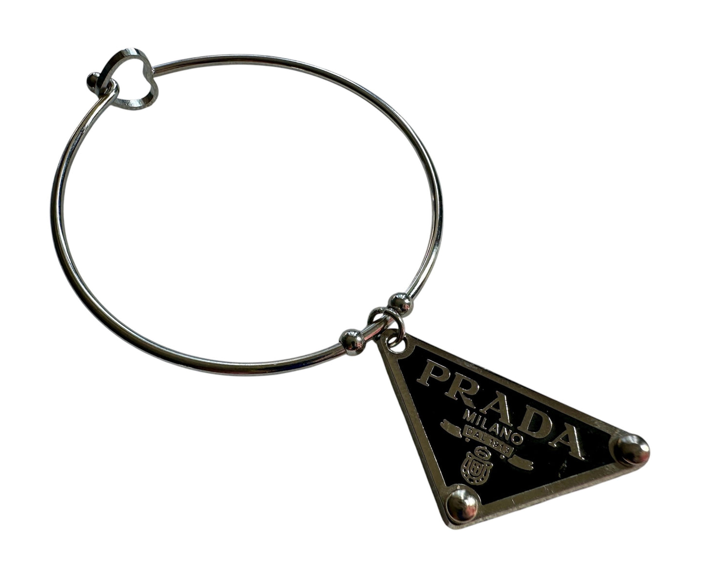 Repurposed Black Prada Triangle Logo Stainless Steel Bracelet For Women (Size: 7.5")
