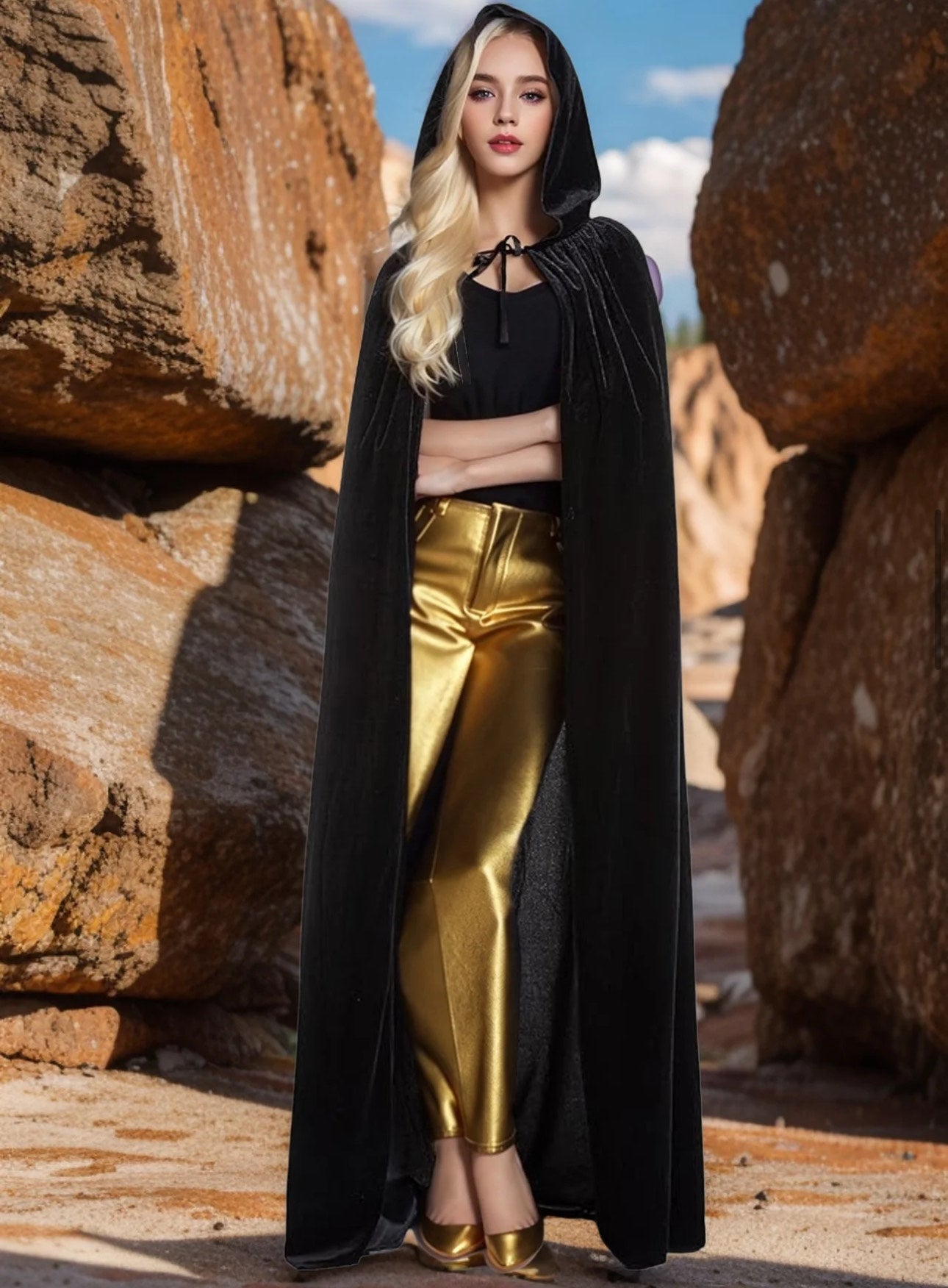 Long Black Unisex Velvet Cloak Cape - Free size