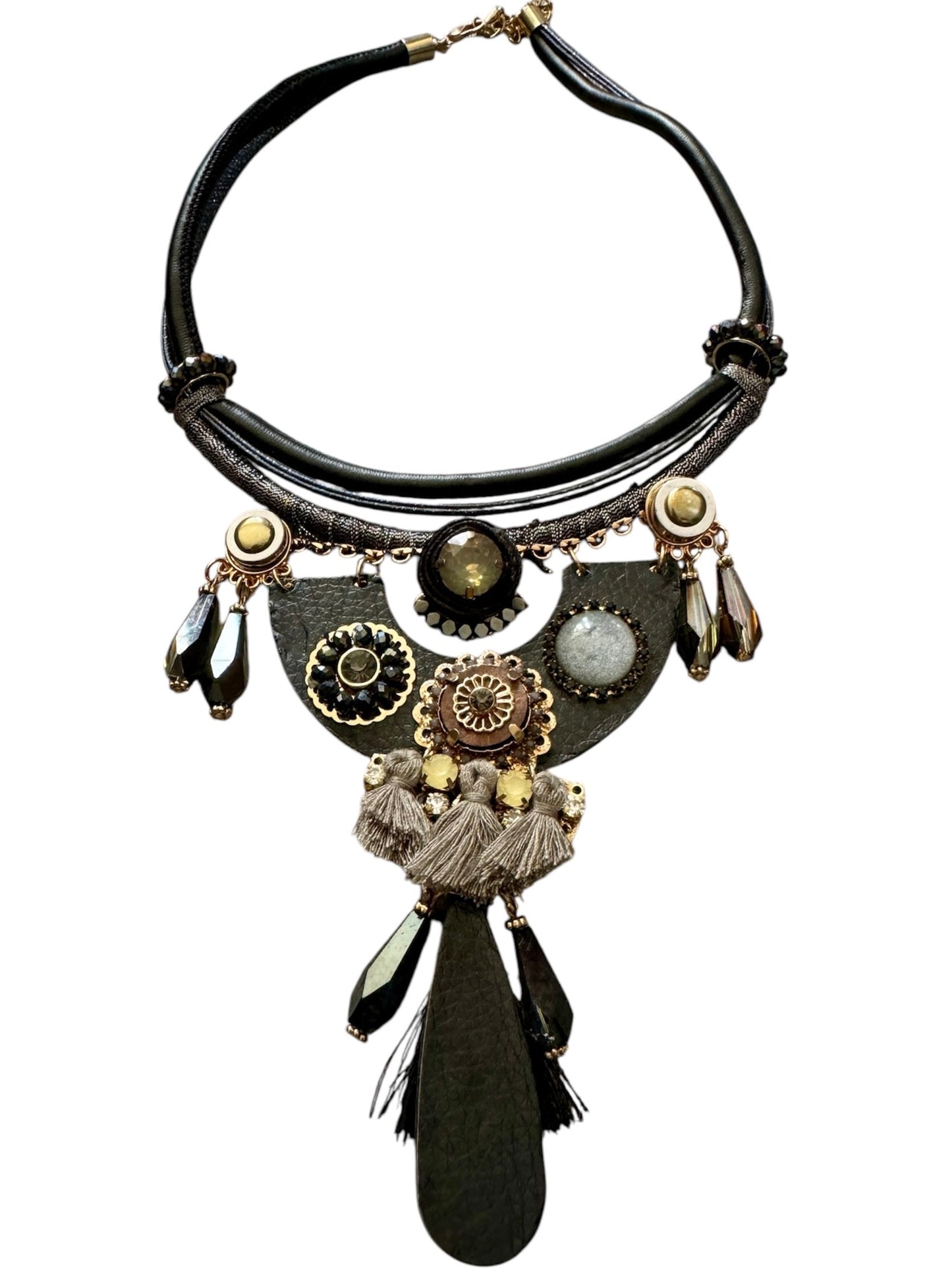 Boho Statement Wearable Art Necklace (18" leather chain )