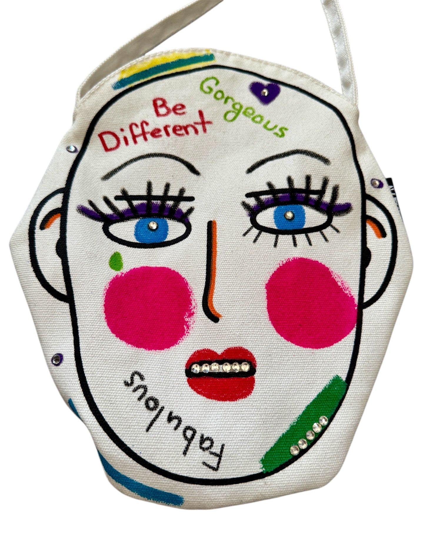 Handmade Hand-painted Cotton Crossbody Bag With Genuine Austrian Crystals And A 47” Strap