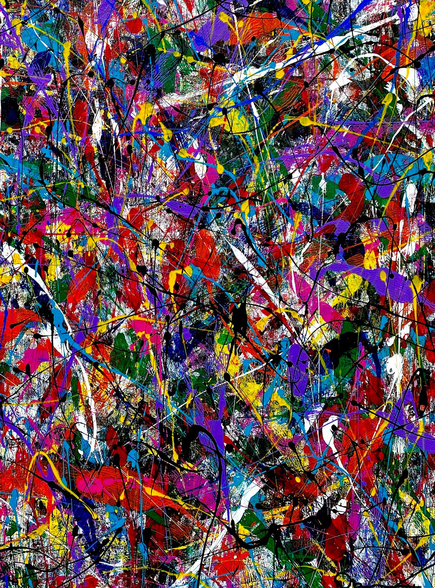 Multi-colored abstract acrylic painting. Different colors standout as lighting changes throughout the day.