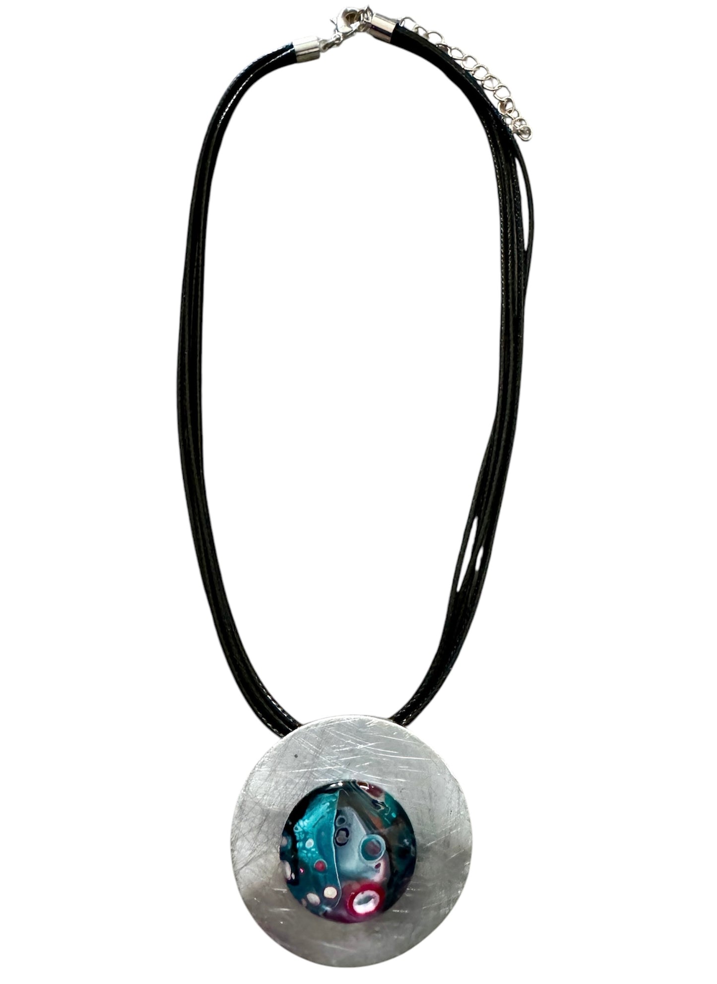 Wearable Art - Hand painted metal 2" pendant and 18" adjustable 3 strand black chain