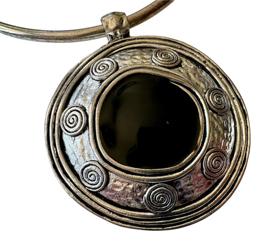 Absolutely Breathtaking Silver Vintage Necklace For Women With A 3” Pendant With Black Center