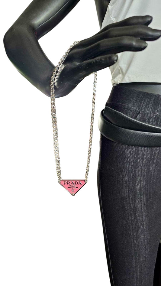 Absolutely Gorgeous Pink Repurposed Prada Stainless Steel 25”Necklace For Men Or Women
