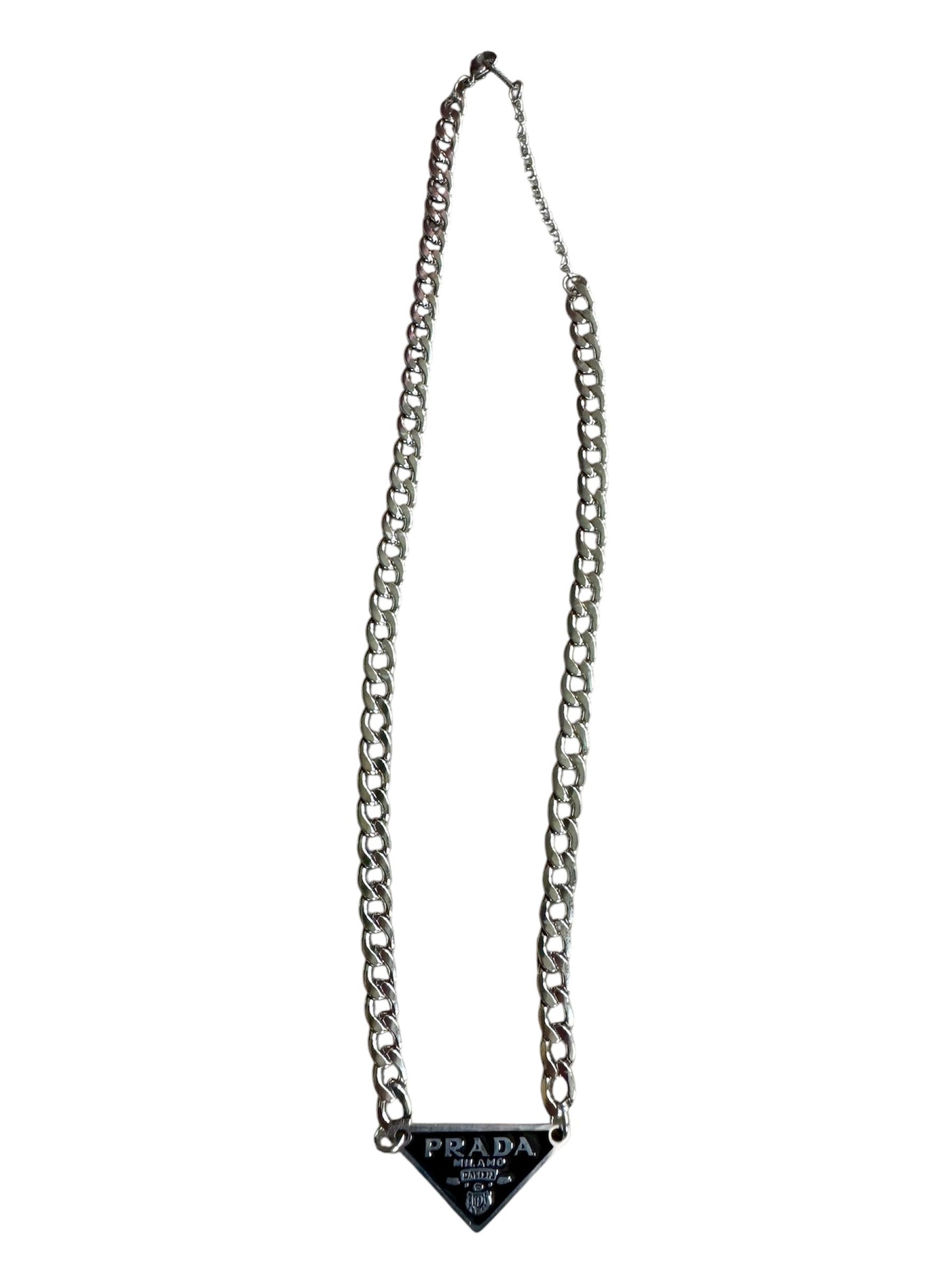 Repurposed Black Prada Triangle Logo Stainless Steel 19” Necklace For Men And Women