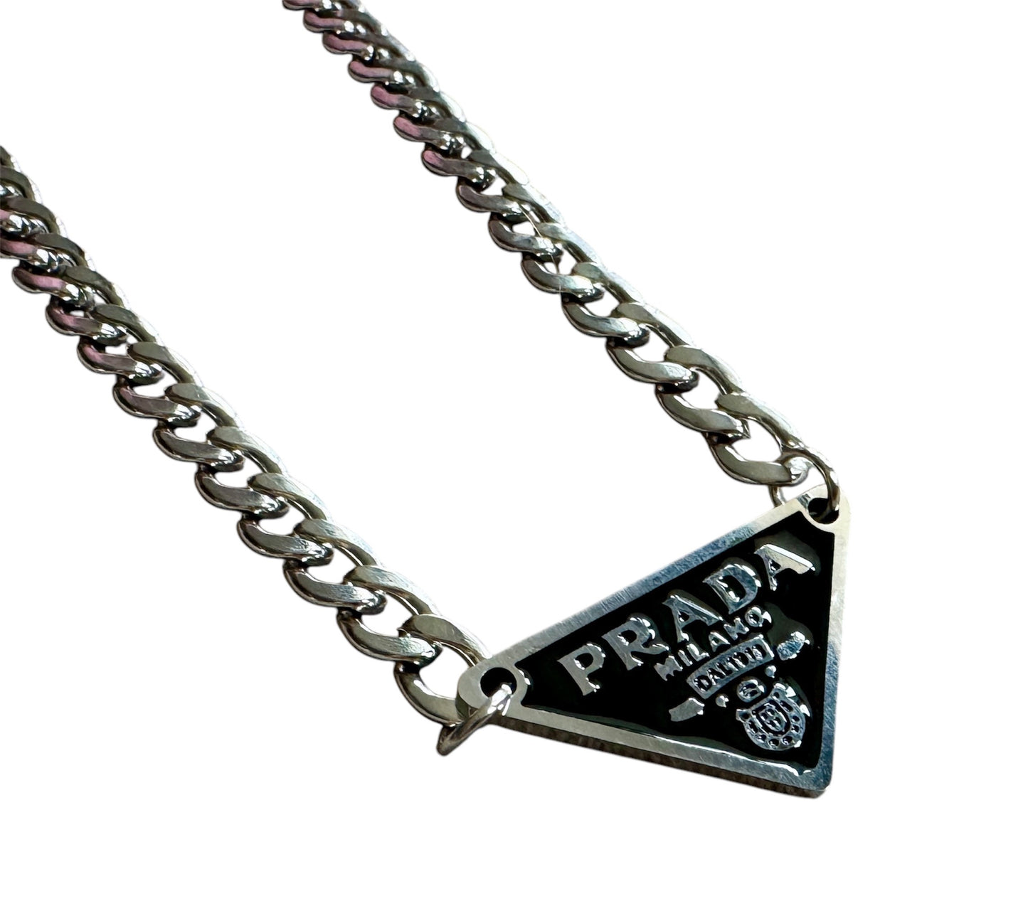 Repurposed Black Prada Triangle Logo Stainless Steel 19” Necklace For Men And Women