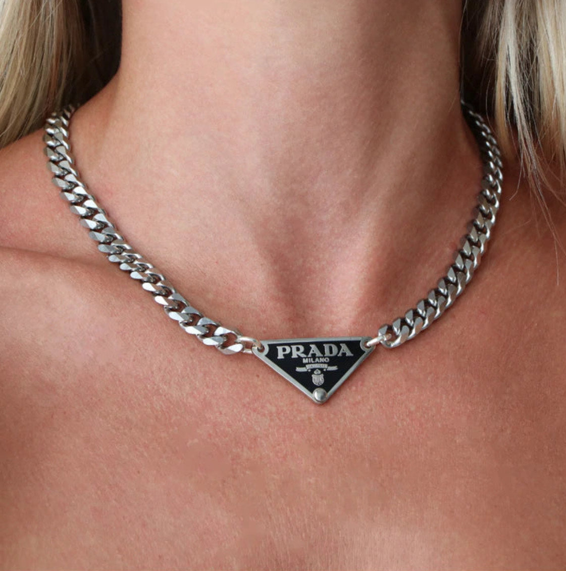 Repurposed Black Prada Unisex Triangle Logo Necklace (24" chain)
