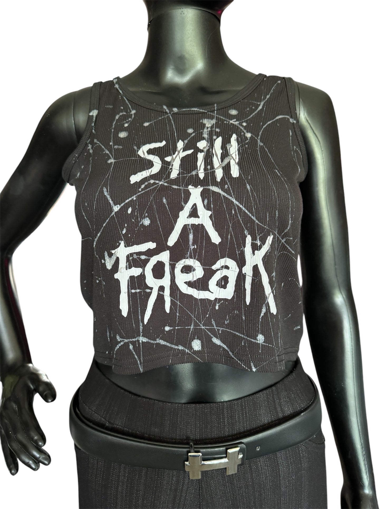 Still A Freak - Wearable Art Hand-Painted Black Women’s Cropped Tank Top by Dani Wilson - Size:Small