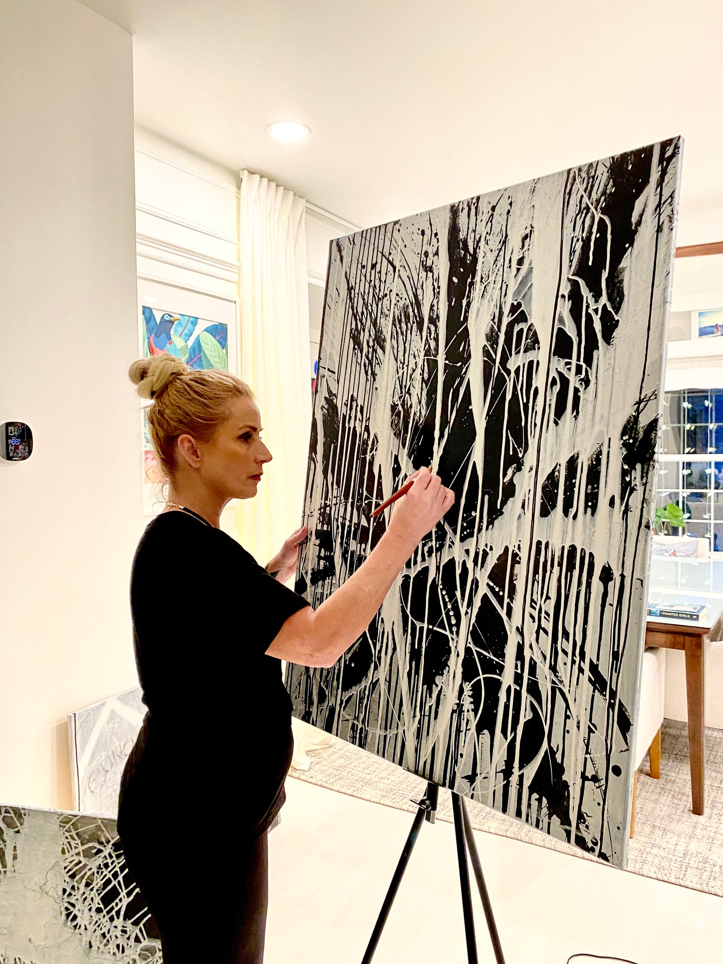 Liquid (36x48) -Black and white abstract acrylic and ink canvas wall art painting