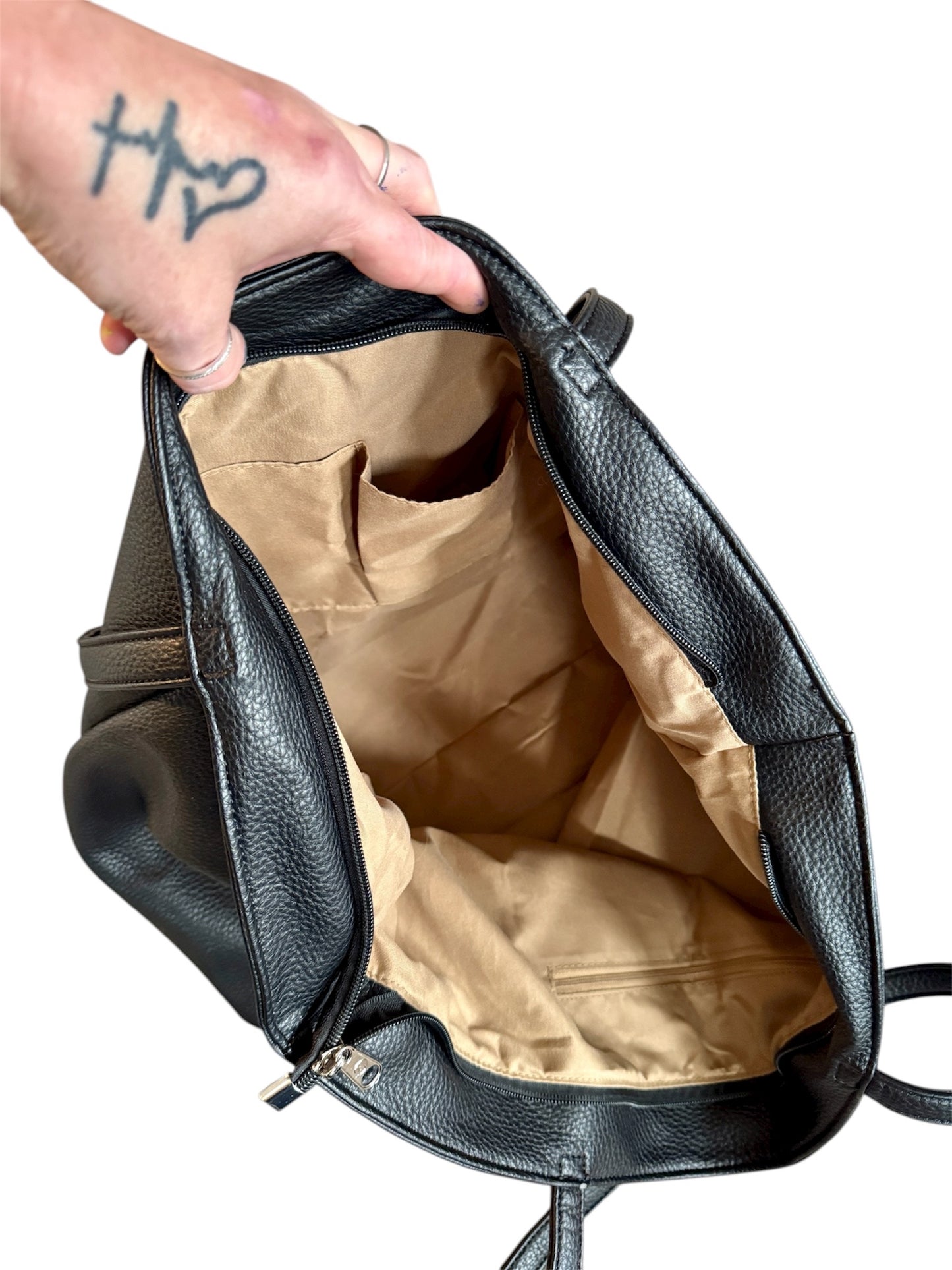 1-Featured - Black Pebbled Vegan Leather Repurposed Prada Tote Bag (22x11x7)