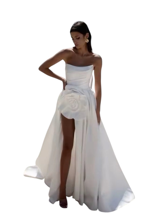 Custom Made: Handmade Custom Couture Sleeveless Pleated A-Line Formal Dress With Handmade Flower And High Slit