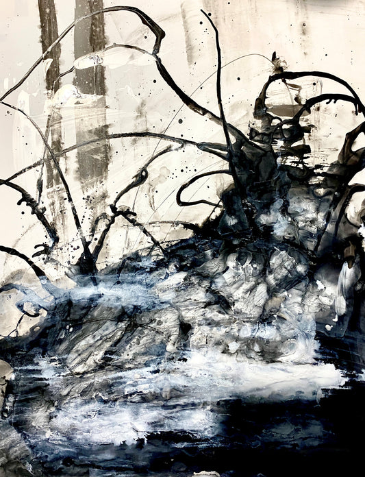 Angry Waters (11x14) - Abstract mixed media Yasutomo Art mineral paper painting