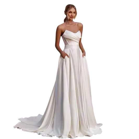 Custom Made: Satin A-Line Wedding Dress With Pockets Back Bow And Train 