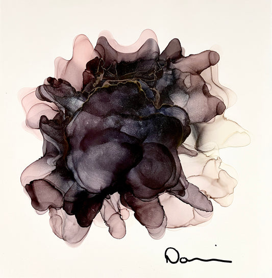 Black Abstract Flower (10.5x10.5) - Abstract alcohol ink Yasutomo Art mineral paper painting