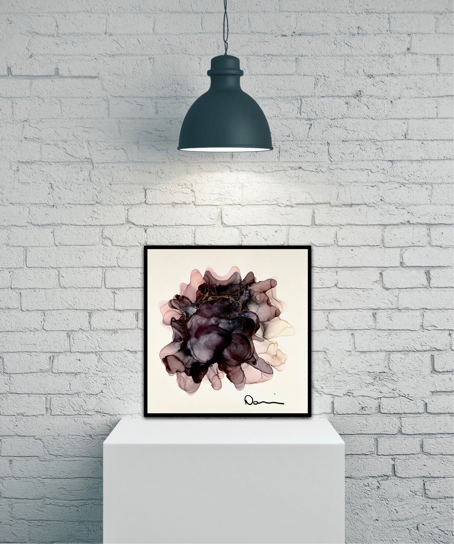 Black Abstract Flower (10.5x10.5) - Abstract alcohol ink Yasutomo Art mineral paper painting