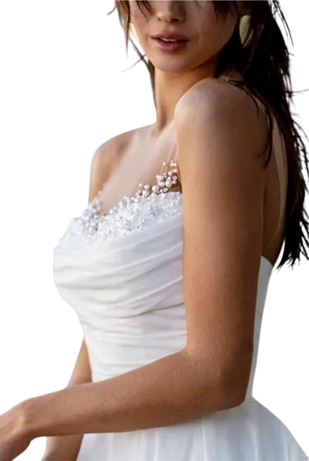 Custom Made: Breathtaking Designer Strapless Sleeveless A-Line With Pearl Beads At The Neckline And A Gorgeous Train.