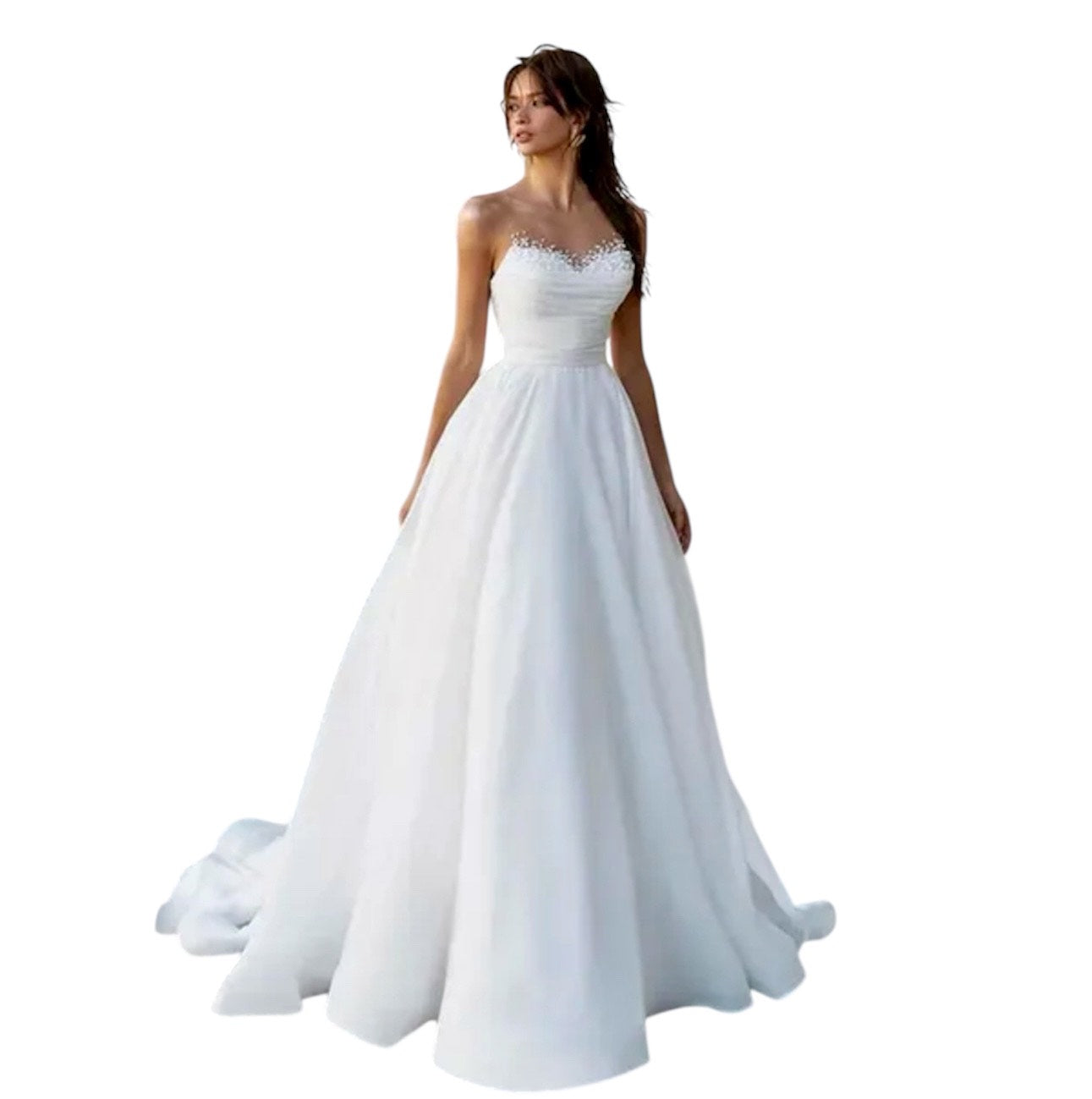 Custom Made: Breathtaking Designer Strapless Sleeveless A-Line With Pearl Beads At The Neckline And A Gorgeous Train.