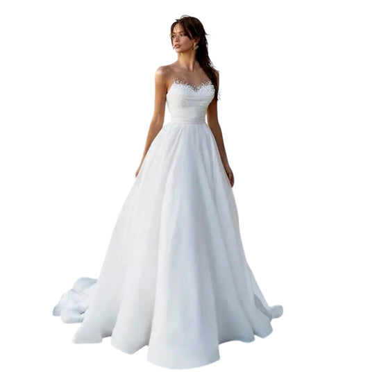 Custom Made: Breathtaking Designer Strapless Sleeveless A-Line With Pearl Beads At The Neckline And A Gorgeous Train.