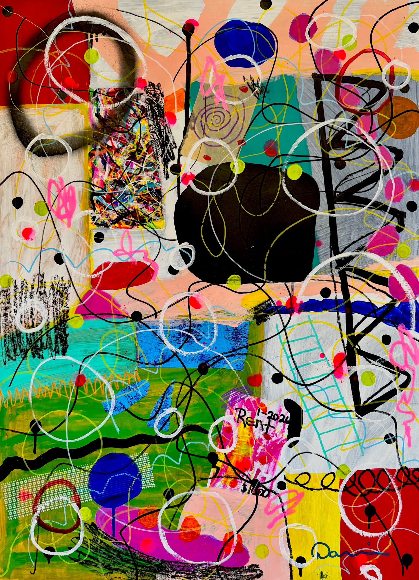 0-Featured - “The Day The Colors Had Too Much Coffee” (22x30) - Original Abstract Painting Mixed Media On Yasutomo Art Mineral Paper by Dani Wilson