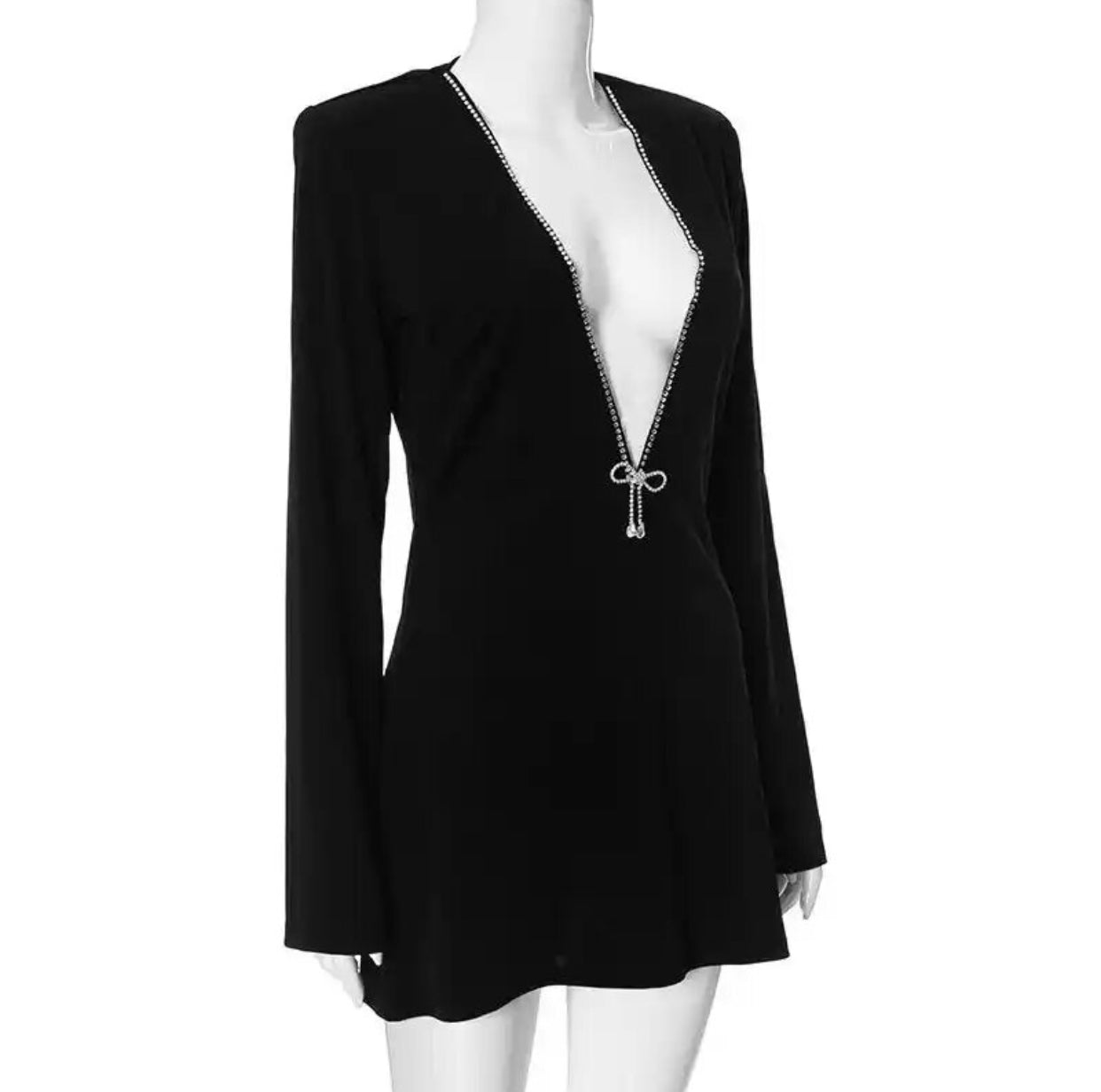 Custom Made: Very Sexy And Elegant Deep V-Neck Black Dress With Rhinestones And Spliced Long Sleeves. (Sizes: M-L)
