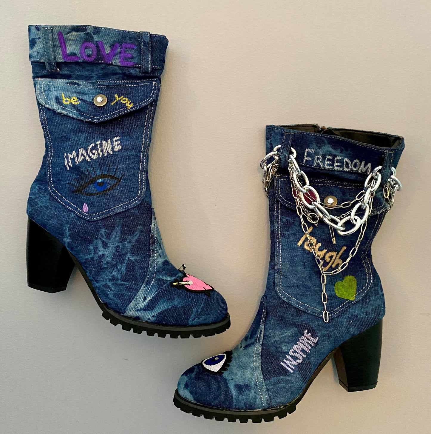 Hand Painted Denim Boots (size 7.5)