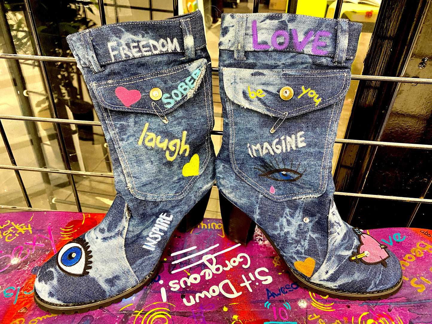 Hand Painted Denim Boots (size 7.5)