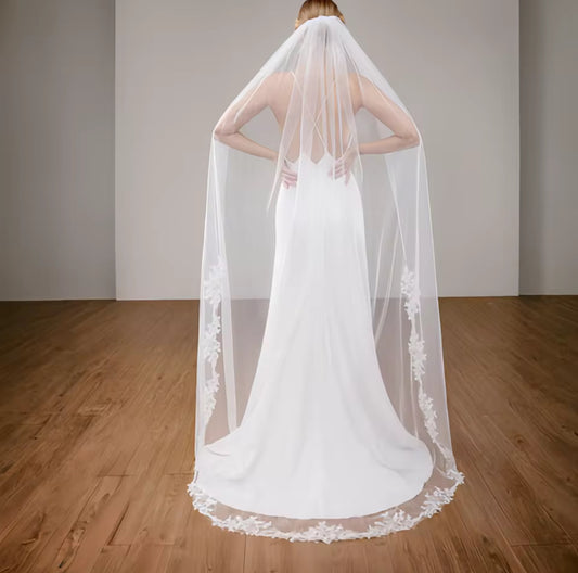 Custom Made: Elegant Long Lace Edge 118” Cathedral Length Wedding Veil With Floral French Lace Trimmed Comb.