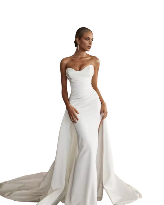 Custom Made: Handcrafted Designer Sleeveless Strapless  2-Piece Bridal Gown With Front Slit And Sweeping Train