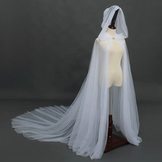 Custom Made: Beautiful Hooded Tulle Wedding Cloak White/Ivory/Black/Red/Grey/Champagne (Size: One Size)