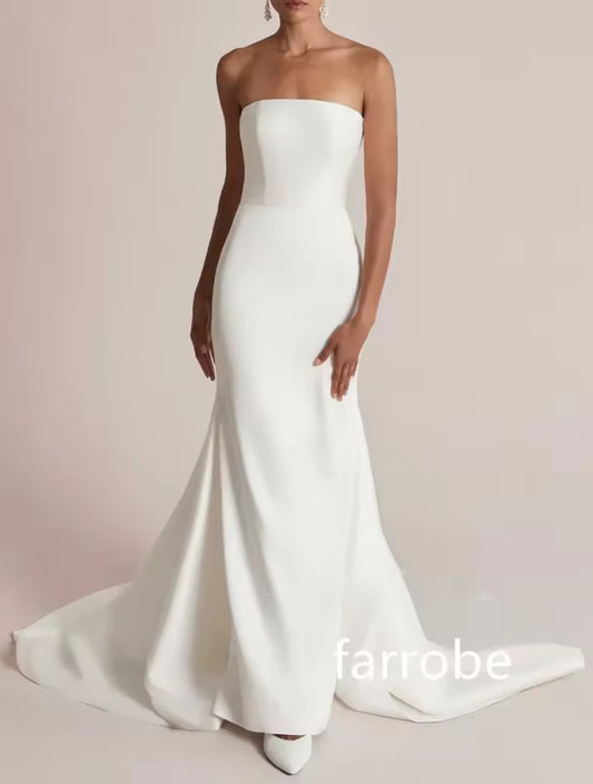 Custom Made: Designer Modern Strapless Sleeveless Wedding Gown With Jersey Pleats Button Down Back And Train