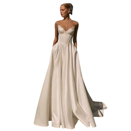 Custom Made: Gorgeous Designer A-Line Strapless Sleeveless V-Neck Pleated Lace-Up Wedding Dress With Train.