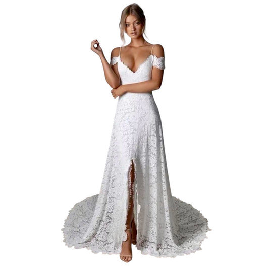 Custom Made: Breathtaking Backless High Slit Designer Lace Boho Wedding Dress