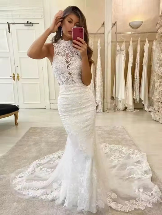Custom Made: Handmade Sleeveless Backless Button Down Lace Mermaid Wedding Dress With Court Train 