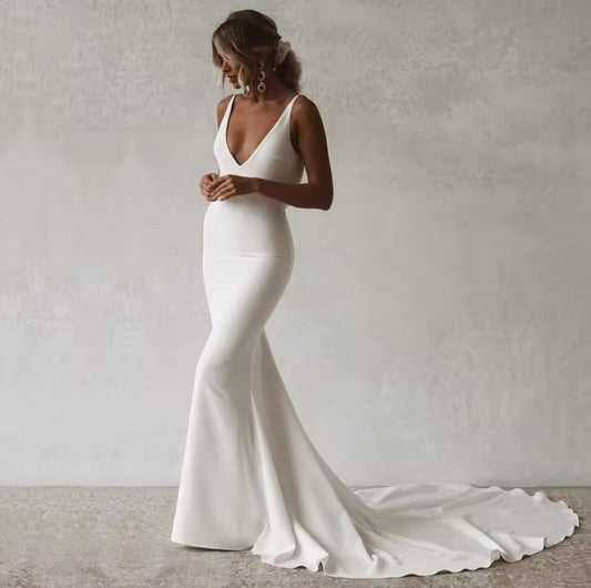 Custom Made: Handmade Gorgeous Designer V-Neck Open Back With Buttons And Long Train Mermaid Wedding Dress