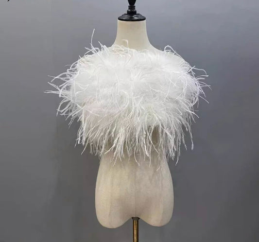 Custom Made: Designer Favorite! Ostrich Feather Pull On Wedding Bustier (White/Ivory/Black/Grey) (Sizes: S-5XL)