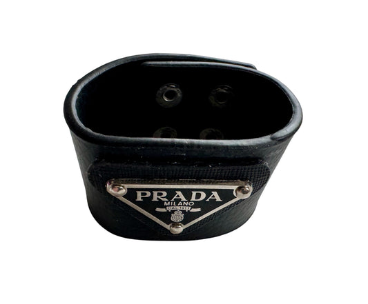 Unisex Leather Bracelet With Repurposed Prada Triangle Logo 
