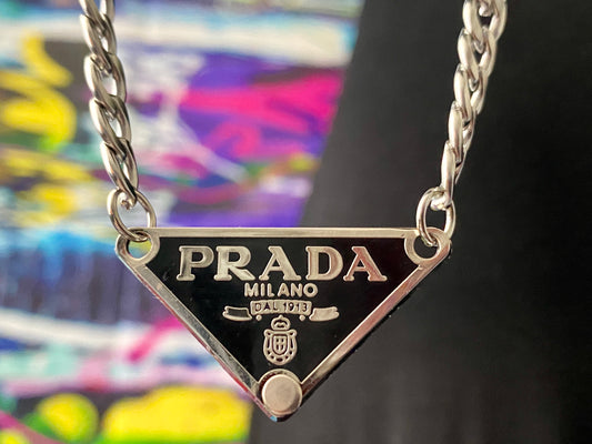 Repurposed Prada Triangle Logo Stainless Steel 24” Necklace