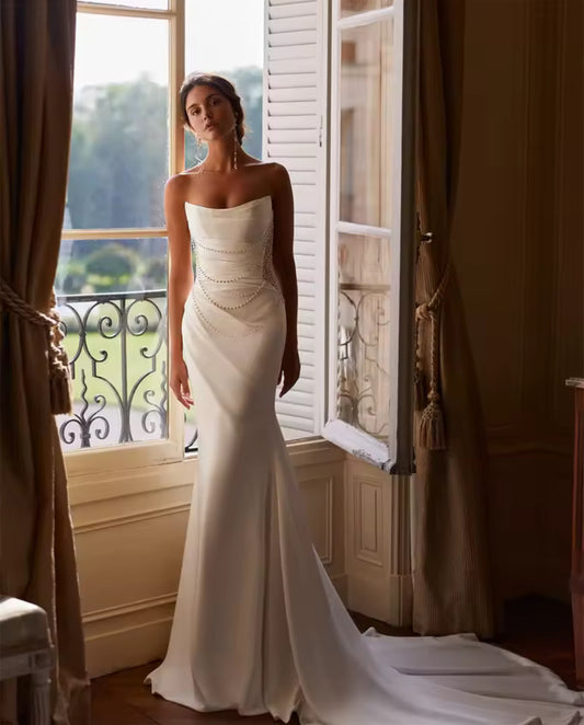 Custom Made: OMG! Handmade Gorgeous Designer Pleated Strapless Sleeveless Beaded Mermaid Wedding Dress With Chapel Train 