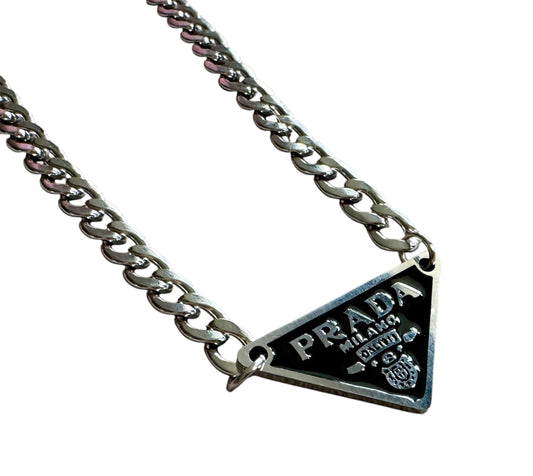 Repurposed Black Prada Triangle Logo Stainless Steel 19” Necklace For Men And Women