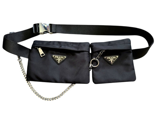 Repurposed Black Prada Chain Bag With Silver Hardware Adjustable Strap Nylon Lining Zip Closure Includes Dust Bag