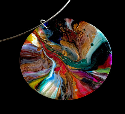 Prismatic Whirl - Hand-Painted Lightweight 2” Pendant On An 18” Stainless Steel Chain 
