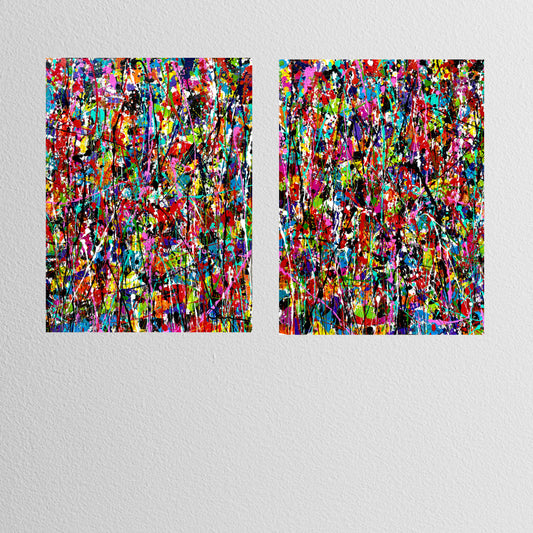 Pulsefire Diptych 18x48 - Original Large Hand-Painted Colorful Abstract Mixed Media Wall Art Signed Painting by Dani Wilson