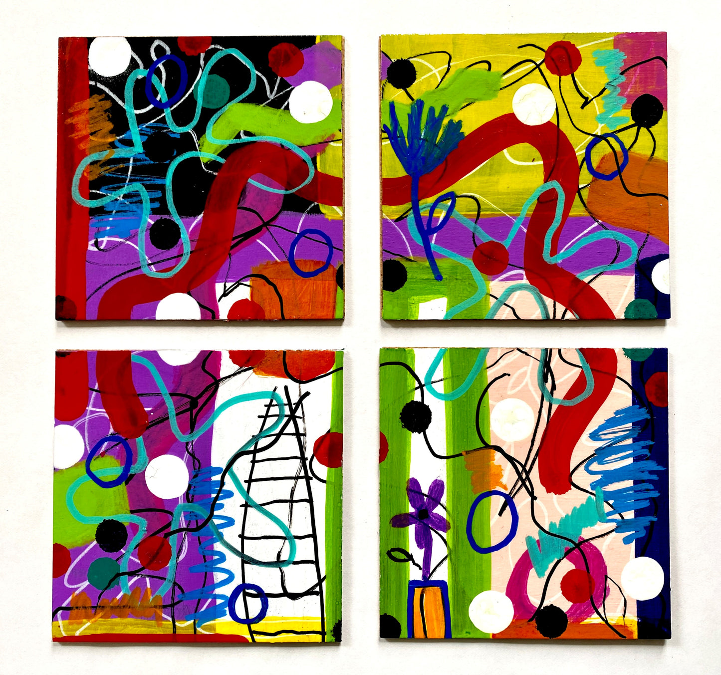 Quadiptych Coasters Set #3 (4x4) - Abstract hand painted graffiti