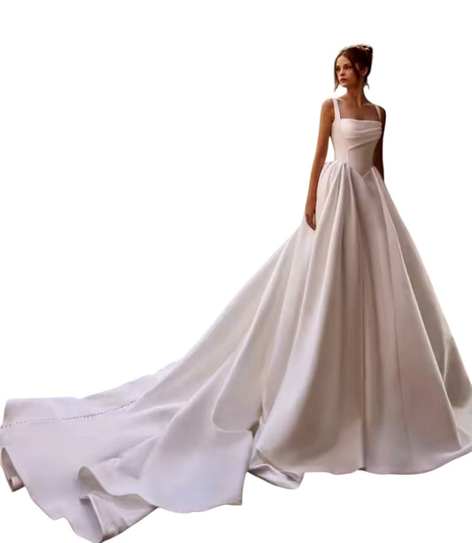 Custom Made: Handmade Modern Sleeveless Pleated Button Down Satin Luxury Wedding Dress With Long Train 