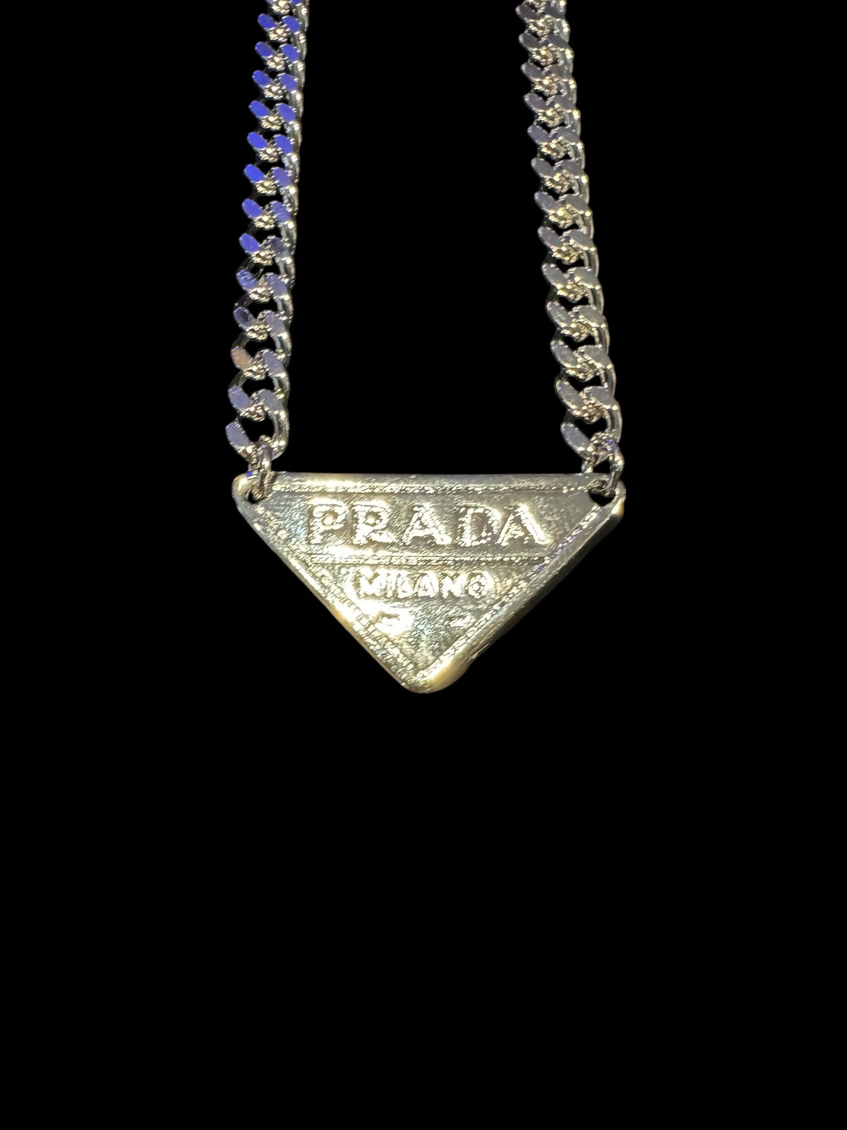 Unisex Silver Tone 21” Repurposed Prada Necklace 