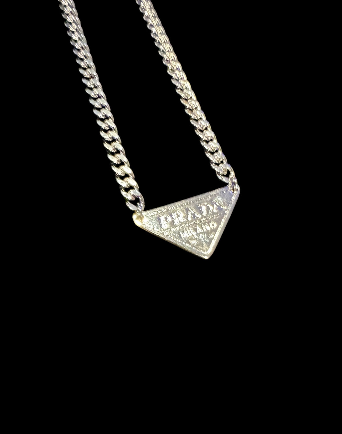 Unisex Silver Tone 21” Repurposed Prada Necklace 