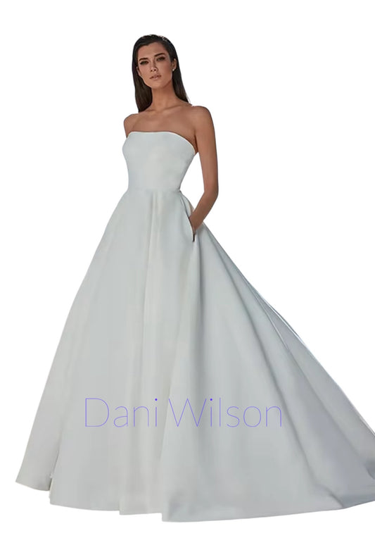 Custom Made: Gorgeous Simplicity. Strapless A-Line Satin White Gown With Pockets And Chapel Train.