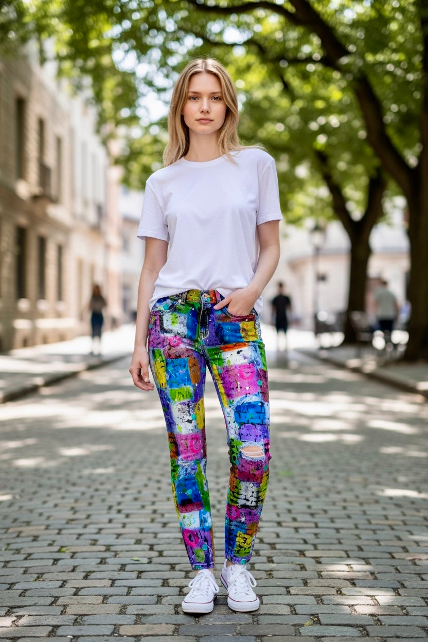 Chromatic Street Threads - Wearable Art - One Of A Kind Women’s Hand-Painted Skinny Jeans (Size 28)